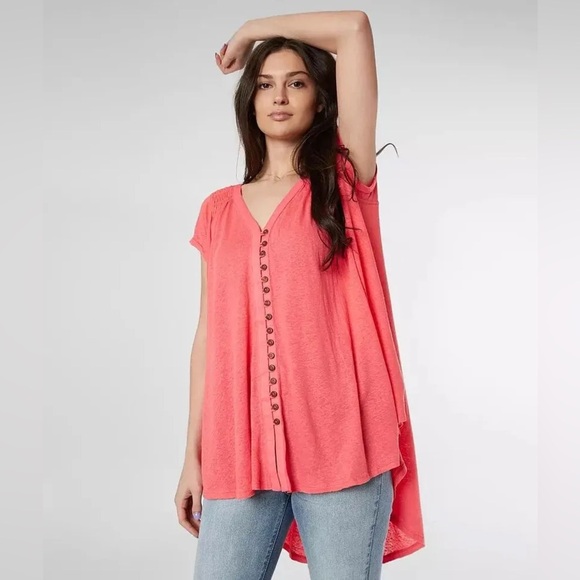 Free People Highland Linen Blend Summer Tee Top Pink Oversized Size Small - Picture 1 of 8